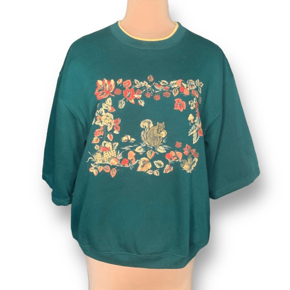 Vintage Basic Editions Sweatshirt Green Fall Leaves Squirrel Drop Shoulder OOAK